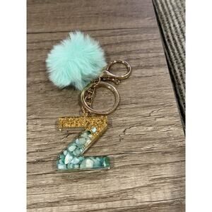 Initial Letter Z Keychain Crystal Gold Flake Blue Green Ball Pom Pom Key Ring